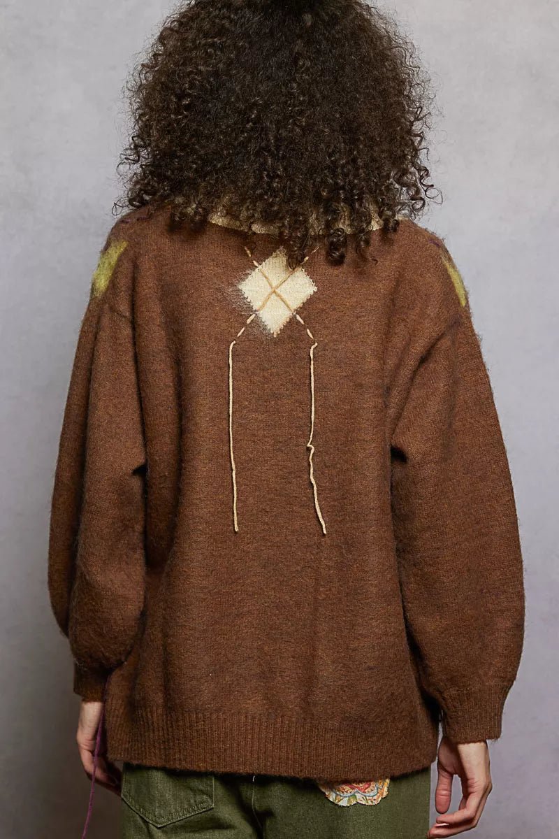 POL V - Neck Argyle Pattern Mohair Sweater with Contrast Exposed Stitch Detail - Bitsy Gypsy Boutique