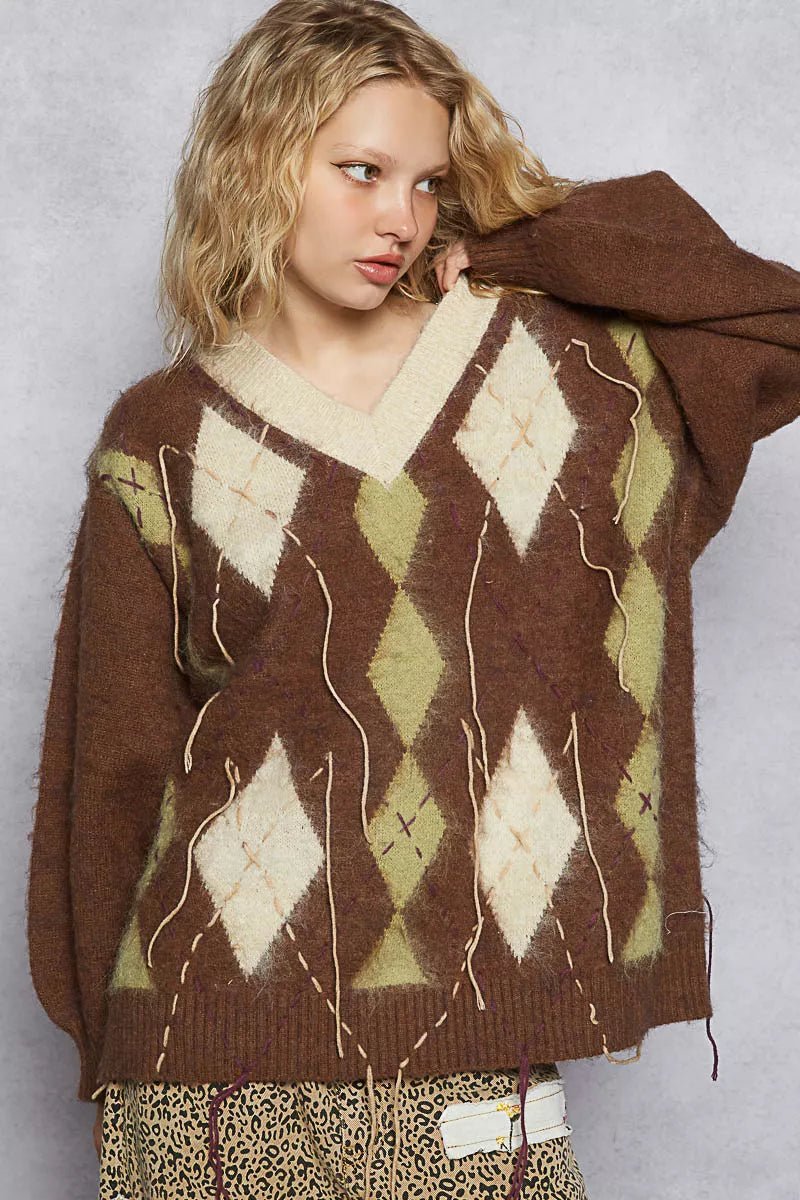 POL V - Neck Argyle Pattern Mohair Sweater with Contrast Exposed Stitch Detail - Bitsy Gypsy Boutique