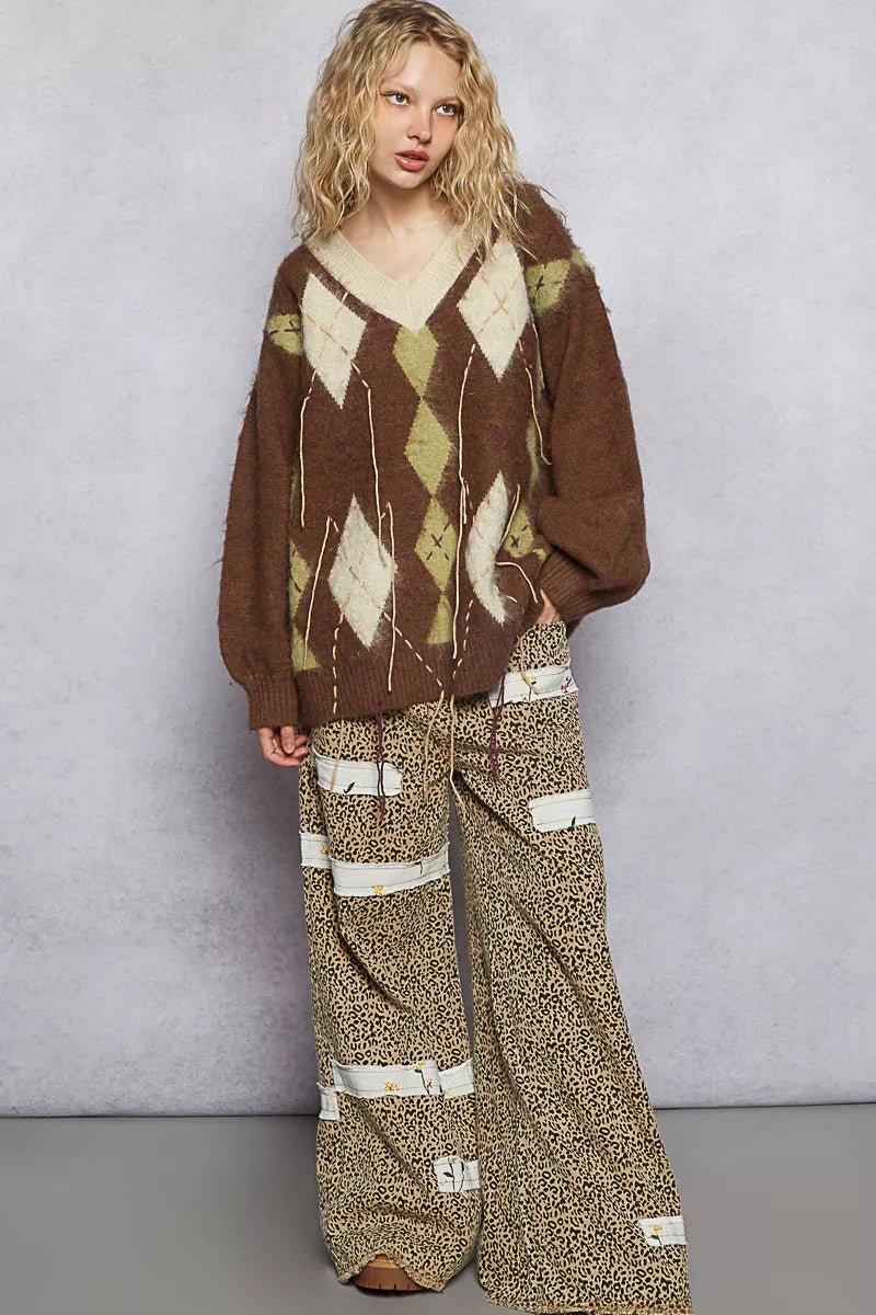 POL V - Neck Argyle Pattern Mohair Sweater with Contrast Exposed Stitch Detail - Bitsy Gypsy Boutique