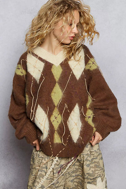 POL V - Neck Argyle Pattern Mohair Sweater with Contrast Exposed Stitch Detail - Bitsy Gypsy Boutique