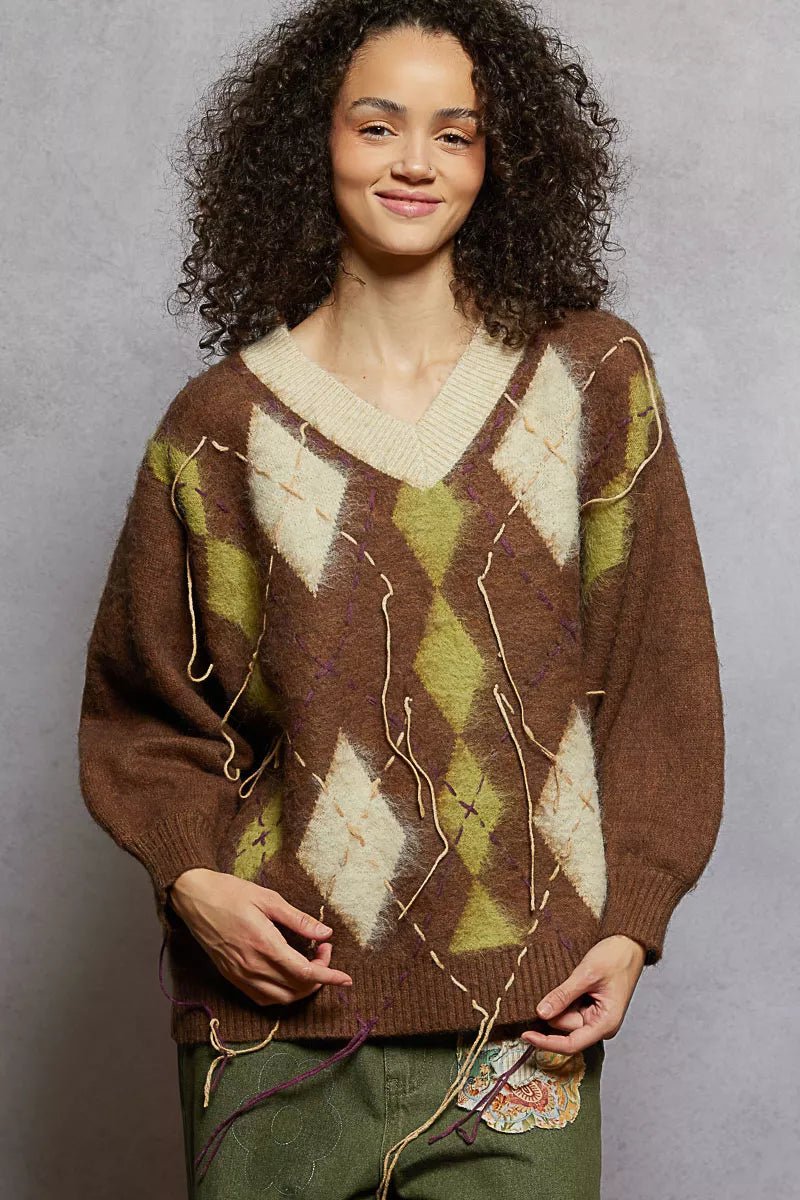 POL V - Neck Argyle Pattern Mohair Sweater with Contrast Exposed Stitch Detail - Bitsy Gypsy Boutique
