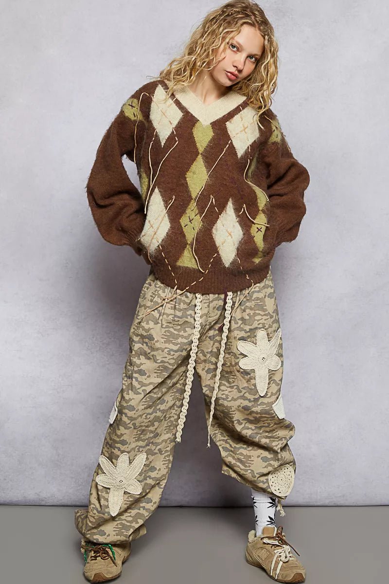 POL V - Neck Argyle Pattern Mohair Sweater with Contrast Exposed Stitch Detail - Bitsy Gypsy Boutique