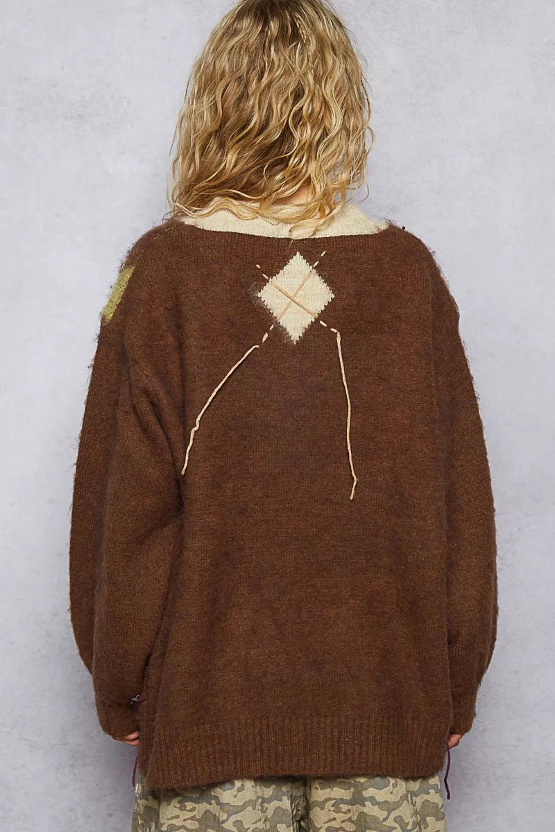 POL V - Neck Argyle Pattern Mohair Sweater with Contrast Exposed Stitch Detail - Bitsy Gypsy Boutique