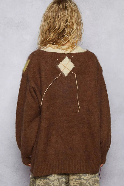 POL V - Neck Argyle Pattern Mohair Sweater with Contrast Exposed Stitch Detail - Bitsy Gypsy Boutique