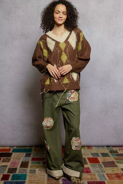 POL V - Neck Argyle Pattern Mohair Sweater with Contrast Exposed Stitch Detail - Bitsy Gypsy Boutique