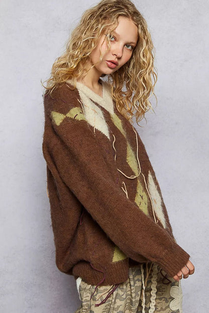POL V - Neck Argyle Pattern Mohair Sweater with Contrast Exposed Stitch Detail - Bitsy Gypsy Boutique