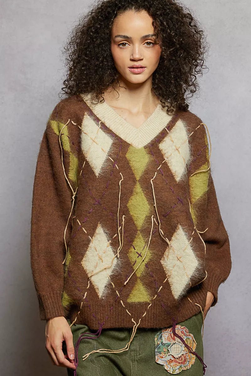 POL V - Neck Argyle Pattern Mohair Sweater with Contrast Exposed Stitch Detail - Bitsy Gypsy Boutique