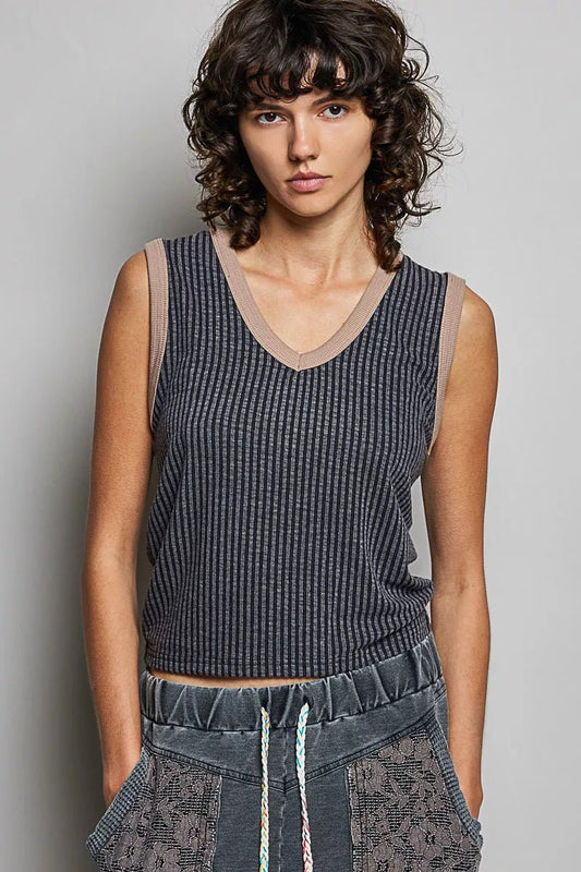 POL V - Neck Contrast Ribbed Sleeveless Tank - Bitsy Gypsy Boutique