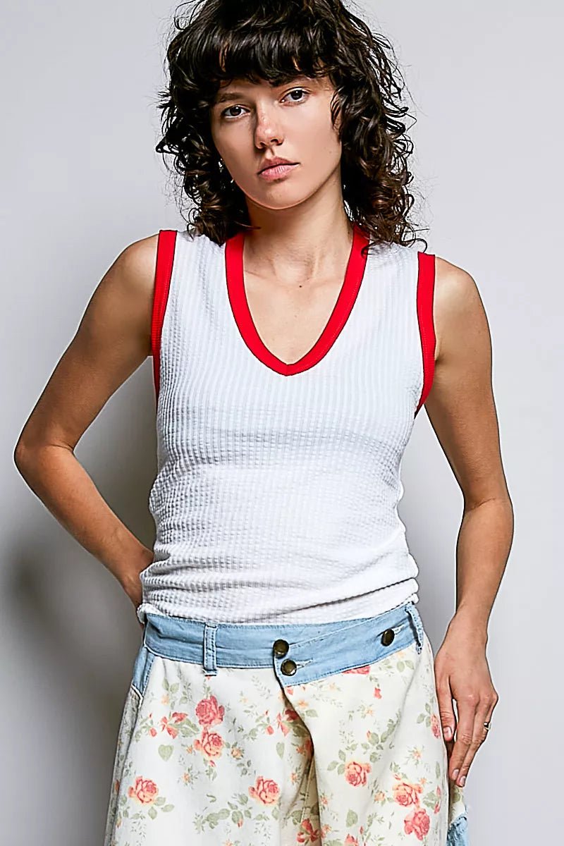 POL V - Neck Contrast Ribbed Sleeveless Tank - Bitsy Gypsy Boutique
