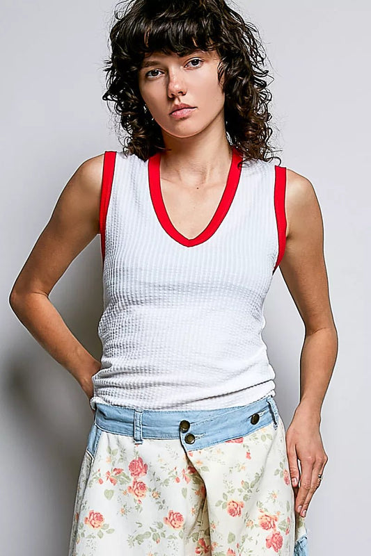 POL V - Neck Contrast Ribbed Sleeveless Tank - Bitsy Gypsy Boutique