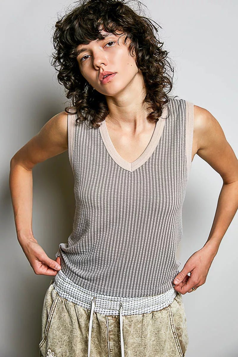 POL V - Neck Contrast Ribbed Sleeveless Tank - Bitsy Gypsy Boutique