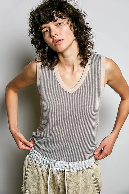 POL V - Neck Contrast Ribbed Sleeveless Tank - Bitsy Gypsy Boutique