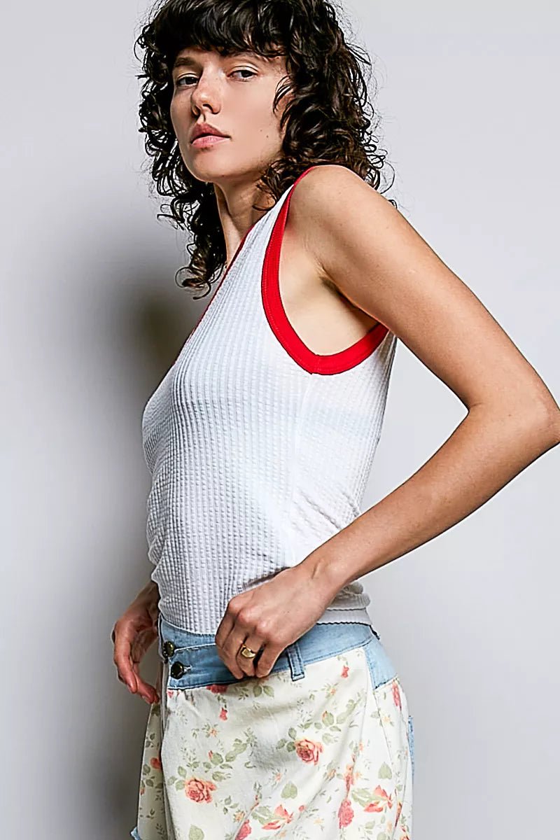 POL V - Neck Contrast Ribbed Sleeveless Tank - Bitsy Gypsy Boutique