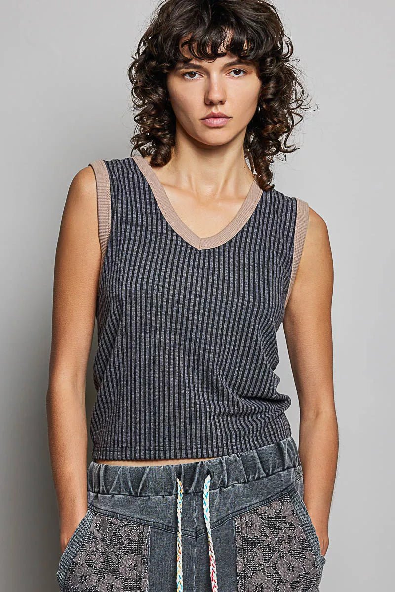 POL V - Neck Contrast Ribbed Sleeveless Tank - Bitsy Gypsy Boutique