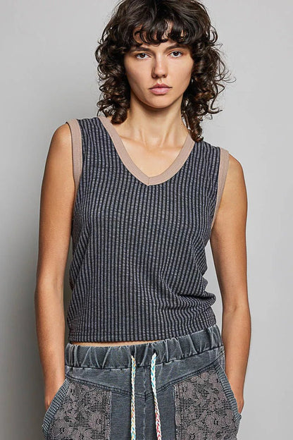 POL V - Neck Contrast Ribbed Sleeveless Tank - Bitsy Gypsy Boutique