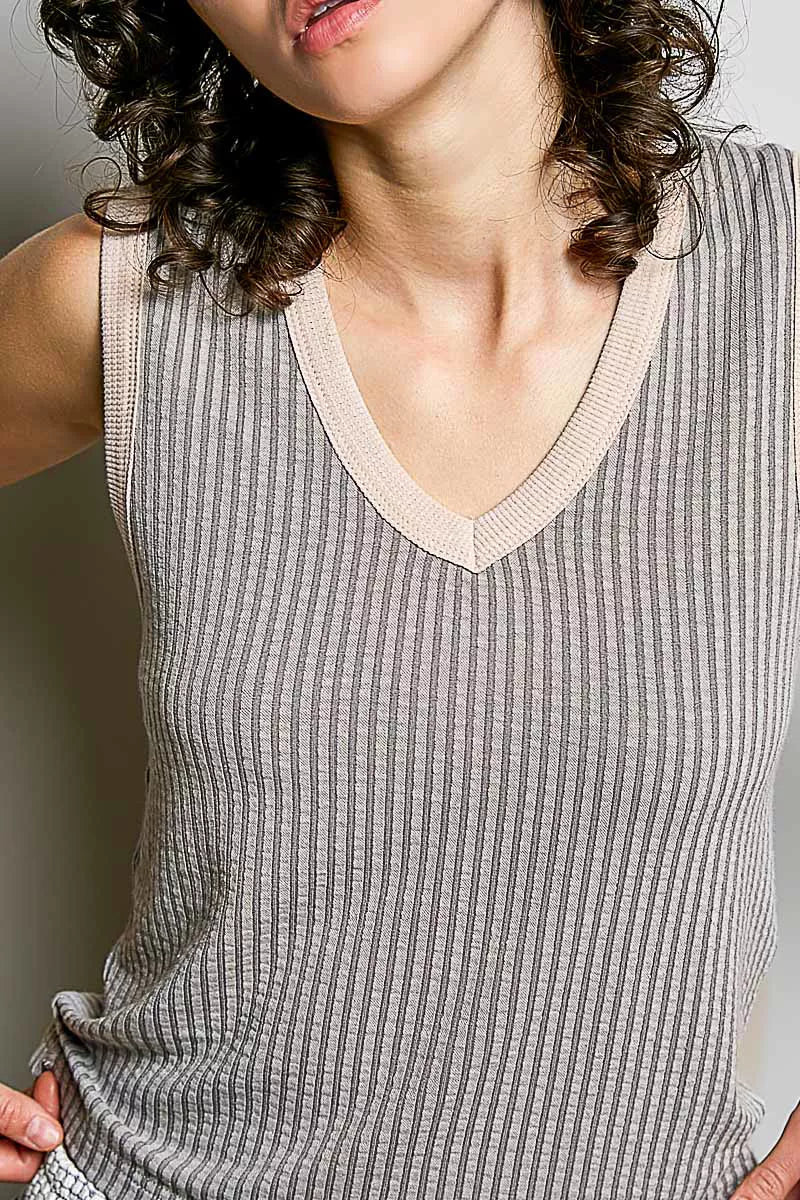 POL V - Neck Contrast Ribbed Sleeveless Tank - Bitsy Gypsy Boutique