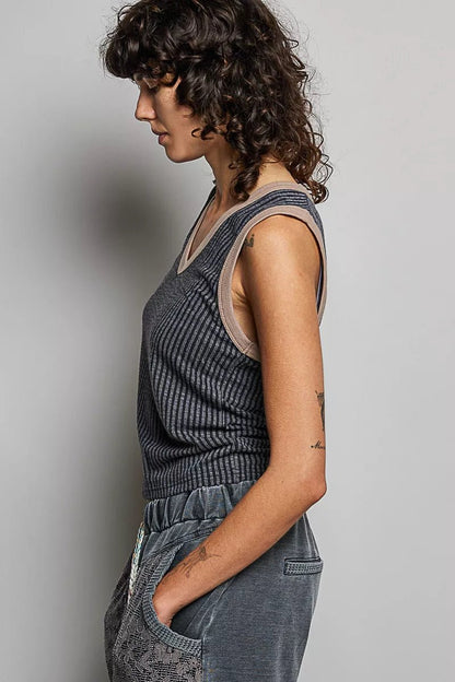 POL V - Neck Contrast Ribbed Sleeveless Tank - Bitsy Gypsy Boutique