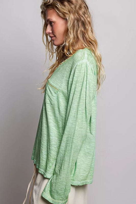 POL V-Neck Contrast Stitch Lightweight Knit Long Sleeve Top - Bitsy Gypsy Boutique