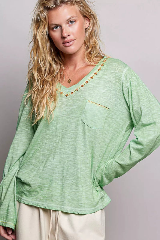 POL V-Neck Contrast Stitch Lightweight Knit Long Sleeve Top - Bitsy Gypsy Boutique