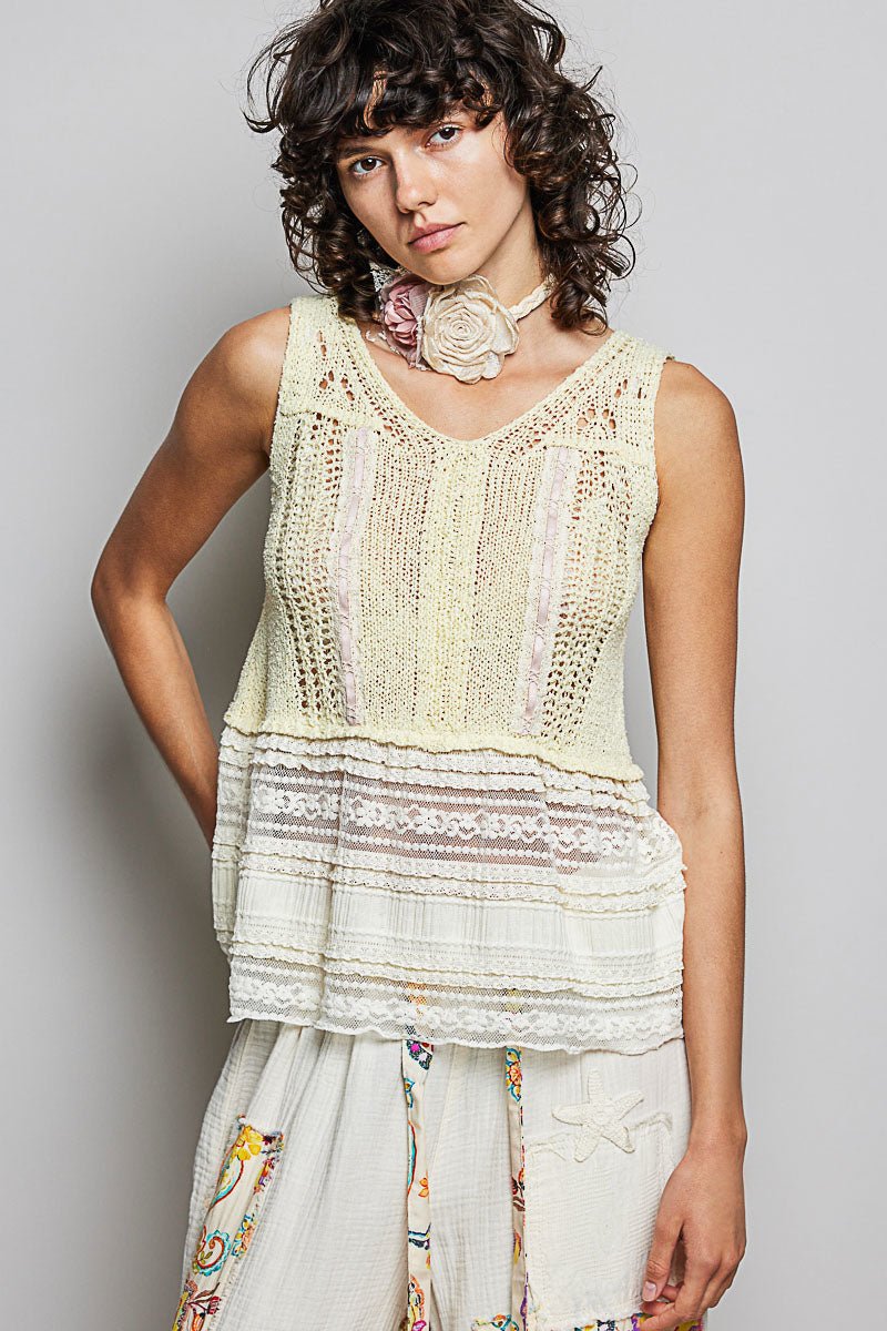 POL V - Neck Crochet Sweater Vest with Lace Trim - Bitsy Gypsy Boutique