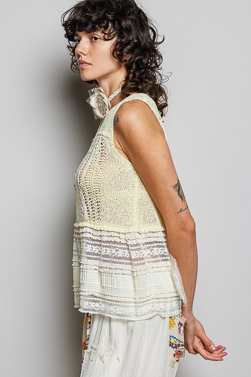 POL V - Neck Crochet Sweater Vest with Lace Trim - Bitsy Gypsy Boutique