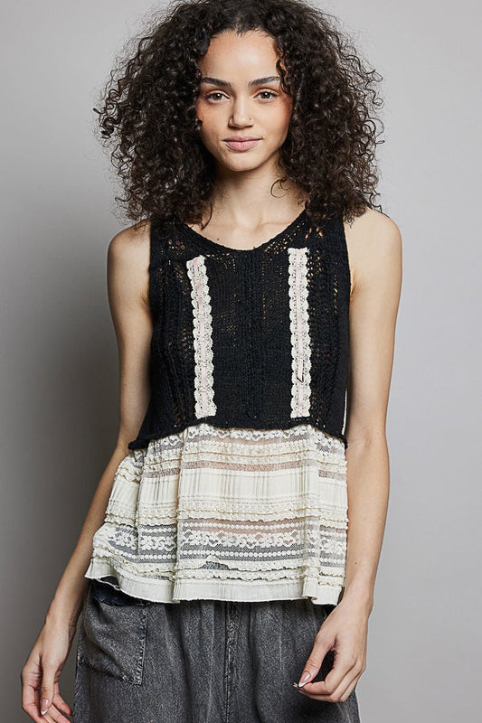POL V - Neck Crochet Sweater Vest with Lace Trim - Bitsy Gypsy Boutique