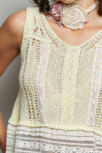 POL V - Neck Crochet Sweater Vest with Lace Trim - Bitsy Gypsy Boutique