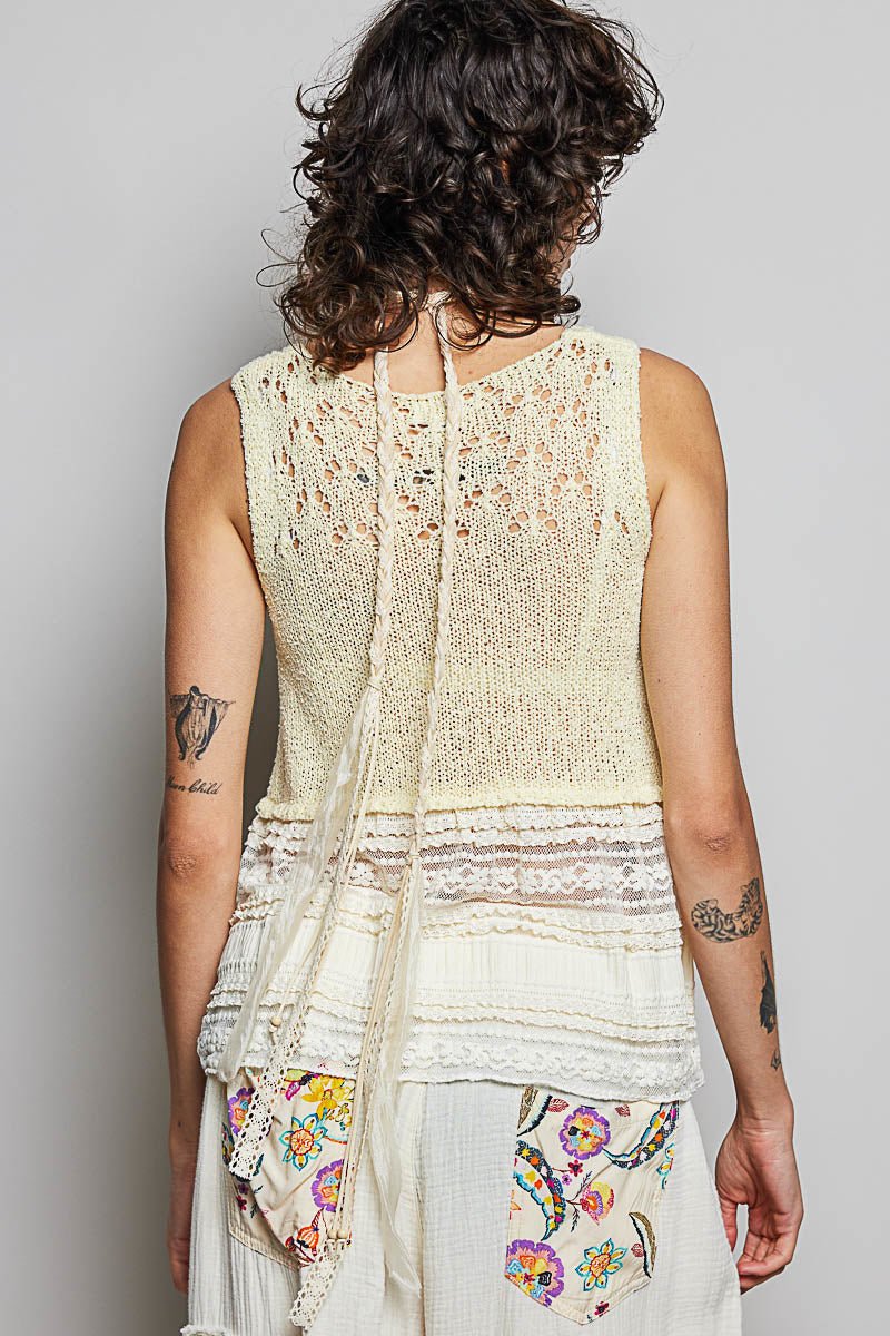POL V - Neck Crochet Sweater Vest with Lace Trim - Bitsy Gypsy Boutique