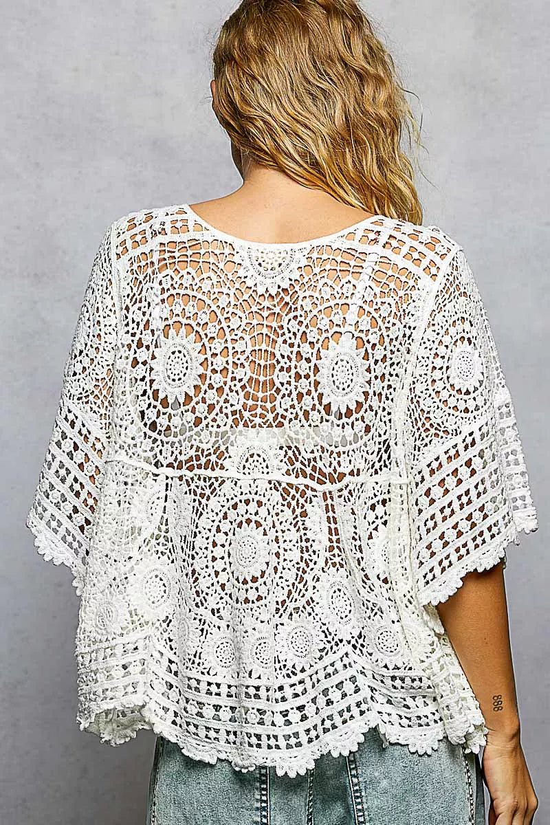 POL V - Neck Crochet Top with Scalloped Hem - Bitsy Gypsy Boutique