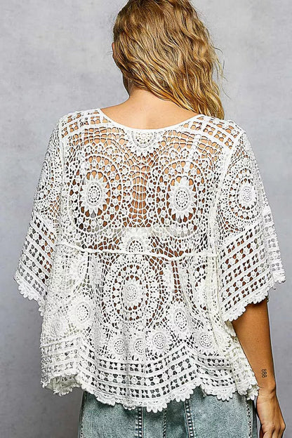 POL V - Neck Crochet Top with Scalloped Hem - Bitsy Gypsy Boutique