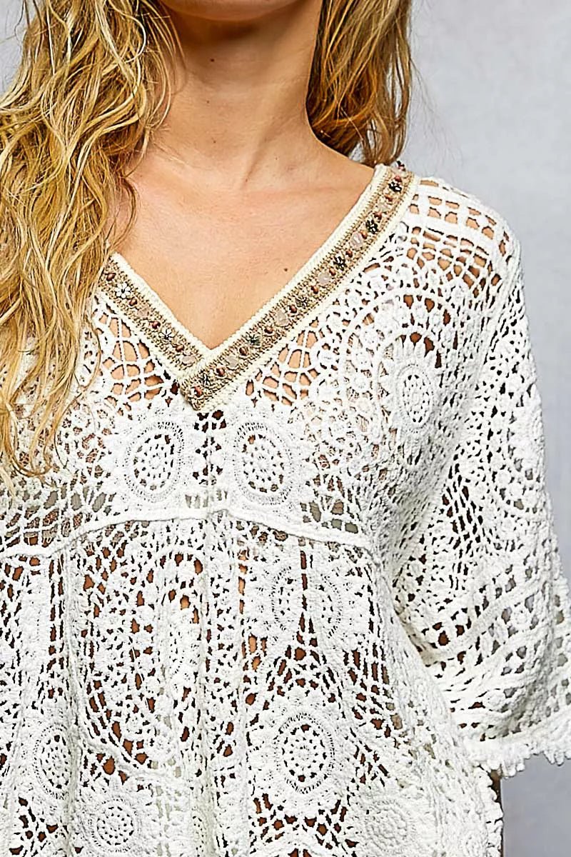 POL V - Neck Crochet Top with Scalloped Hem - Bitsy Gypsy Boutique