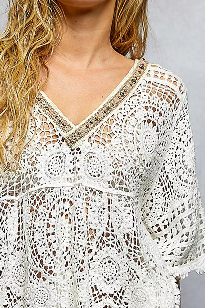 POL V - Neck Crochet Top with Scalloped Hem - Bitsy Gypsy Boutique