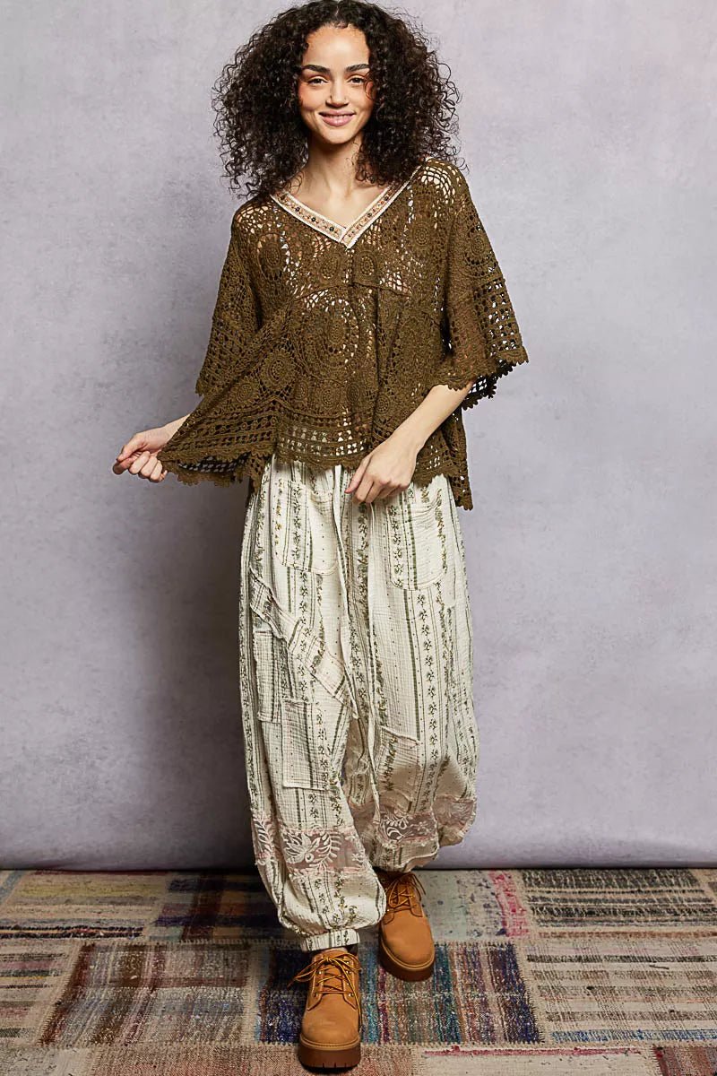 POL V - Neck Crochet Top with Scalloped Hem - Bitsy Gypsy Boutique