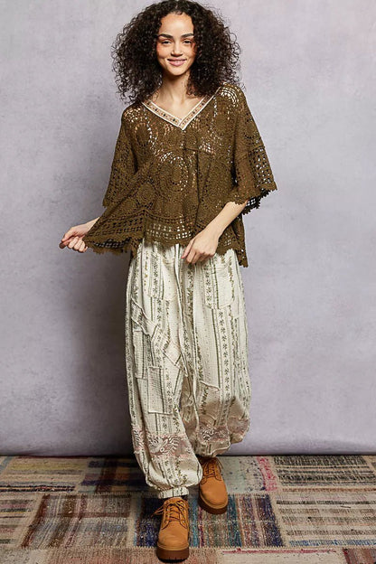 POL V - Neck Crochet Top with Scalloped Hem - Bitsy Gypsy Boutique