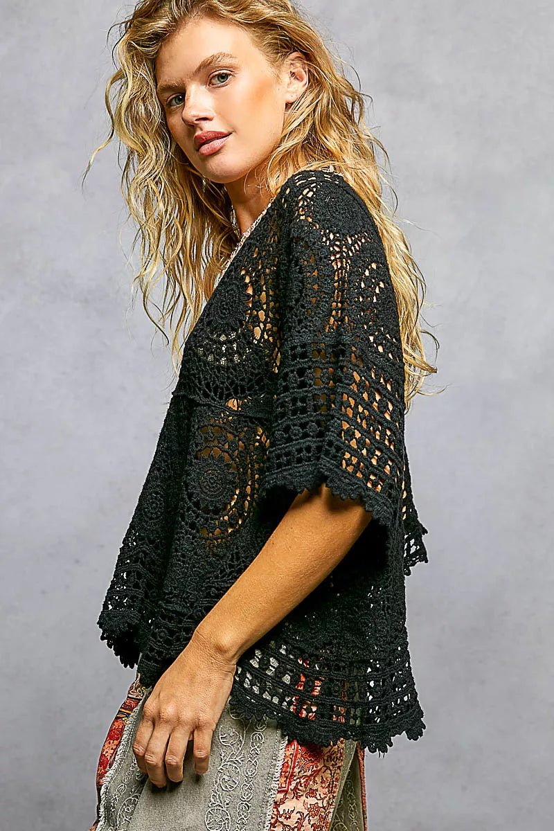 POL V - Neck Crochet Top with Scalloped Hem - Bitsy Gypsy Boutique
