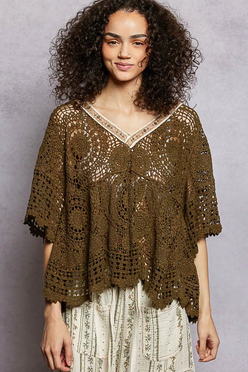POL V - Neck Crochet Top with Scalloped Hem - Bitsy Gypsy Boutique
