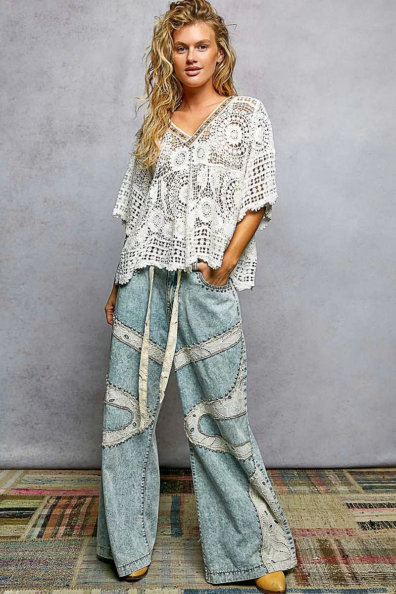 POL V - Neck Crochet Top with Scalloped Hem - Bitsy Gypsy Boutique
