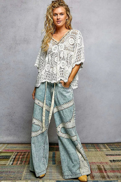 POL V - Neck Crochet Top with Scalloped Hem - Bitsy Gypsy Boutique