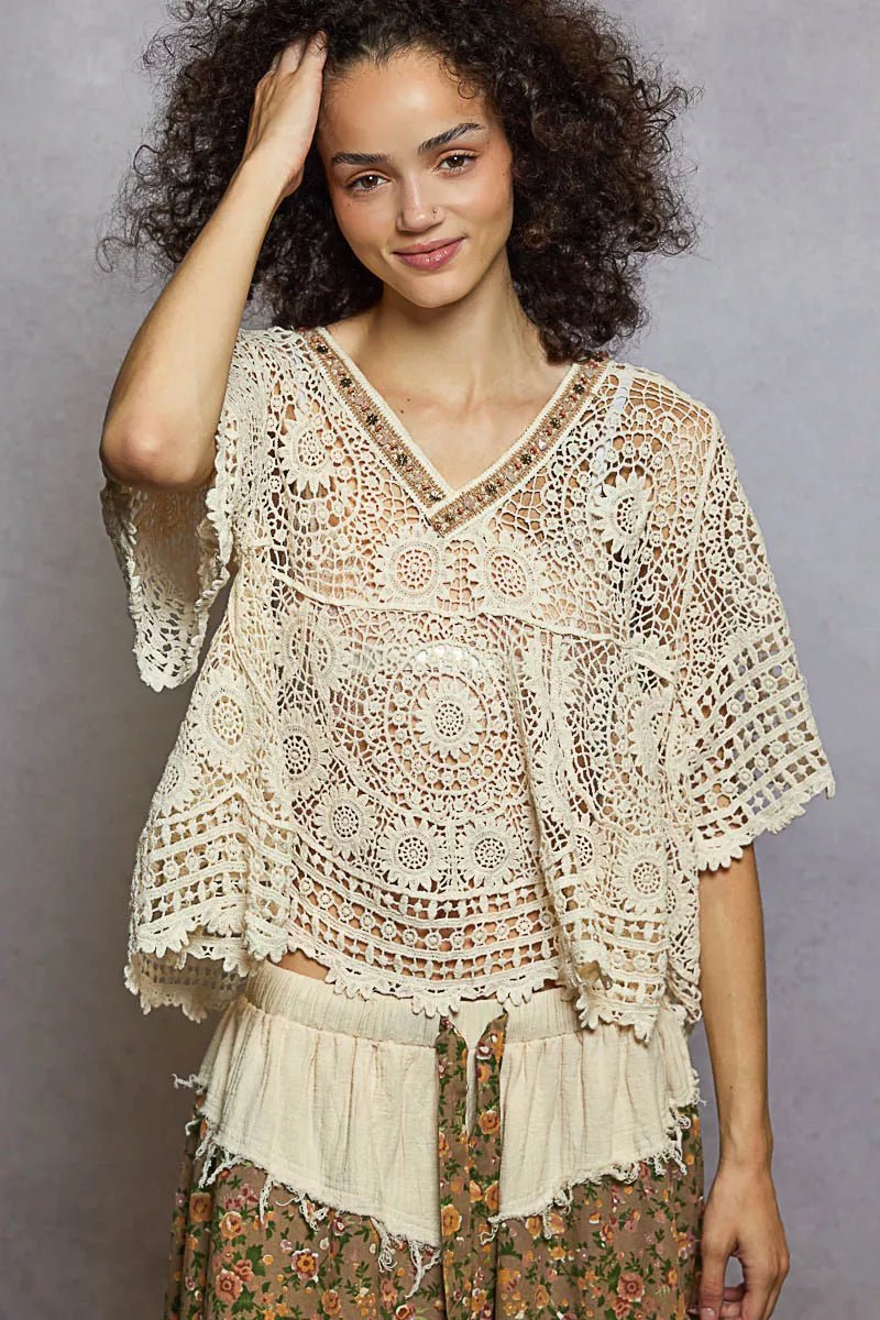 POL V - Neck Crochet Top with Scalloped Hem - Bitsy Gypsy Boutique