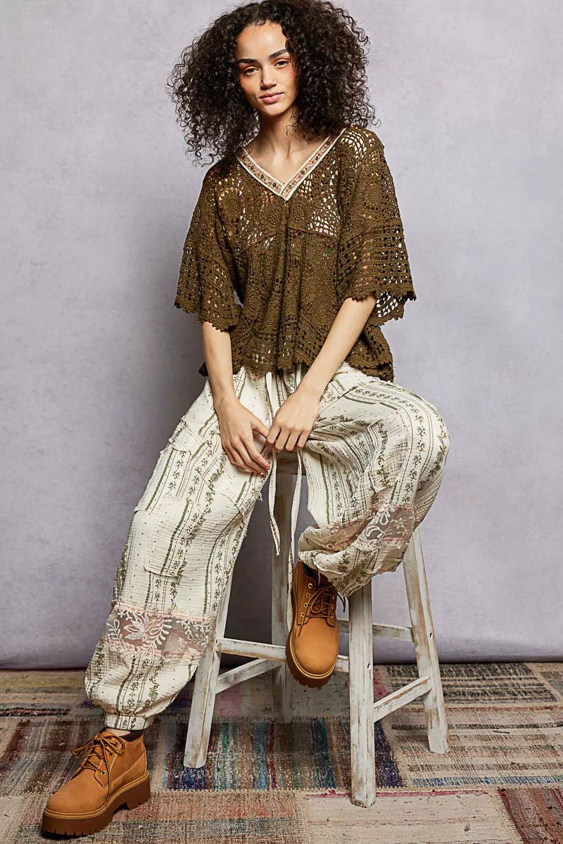 POL V - Neck Crochet Top with Scalloped Hem - Bitsy Gypsy Boutique