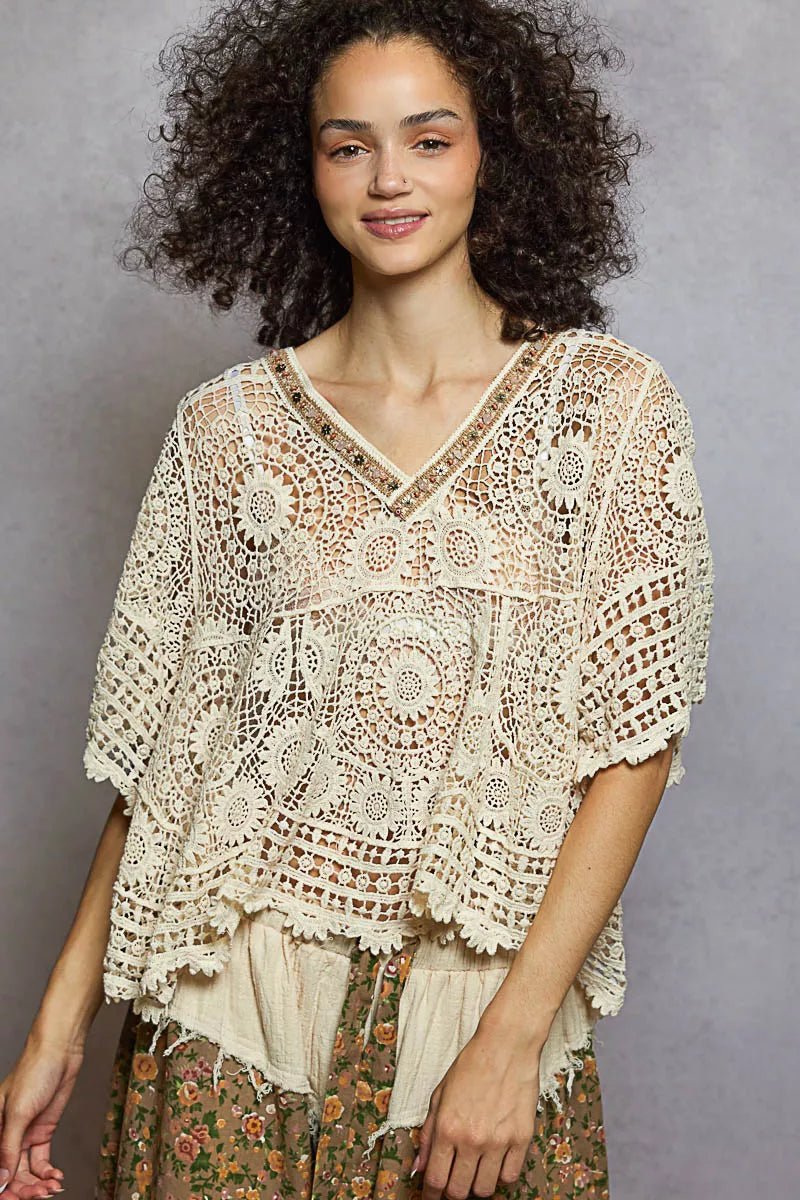 POL V - Neck Crochet Top with Scalloped Hem - Bitsy Gypsy Boutique