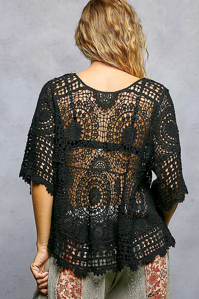 POL V - Neck Crochet Top with Scalloped Hem - Bitsy Gypsy Boutique