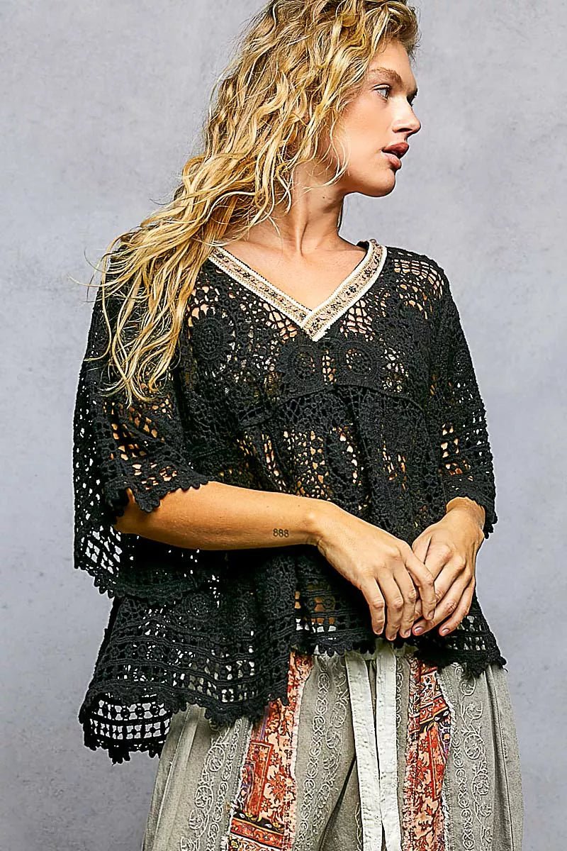 POL V - Neck Crochet Top with Scalloped Hem - Bitsy Gypsy Boutique
