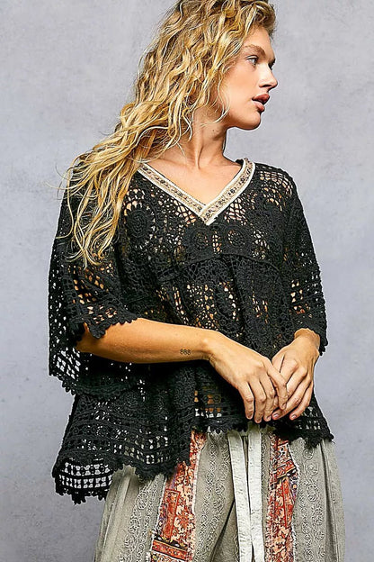 POL V - Neck Crochet Top with Scalloped Hem - Bitsy Gypsy Boutique