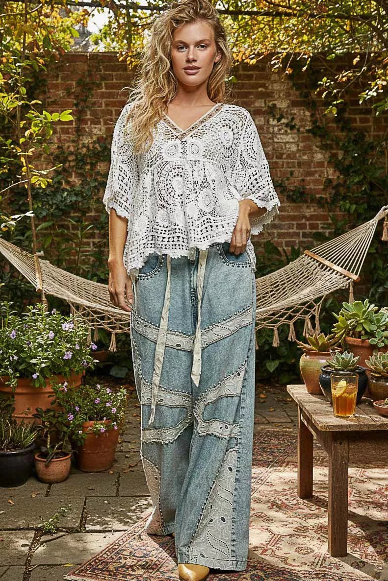 POL V - Neck Crochet Top with Scalloped Hem - Bitsy Gypsy Boutique