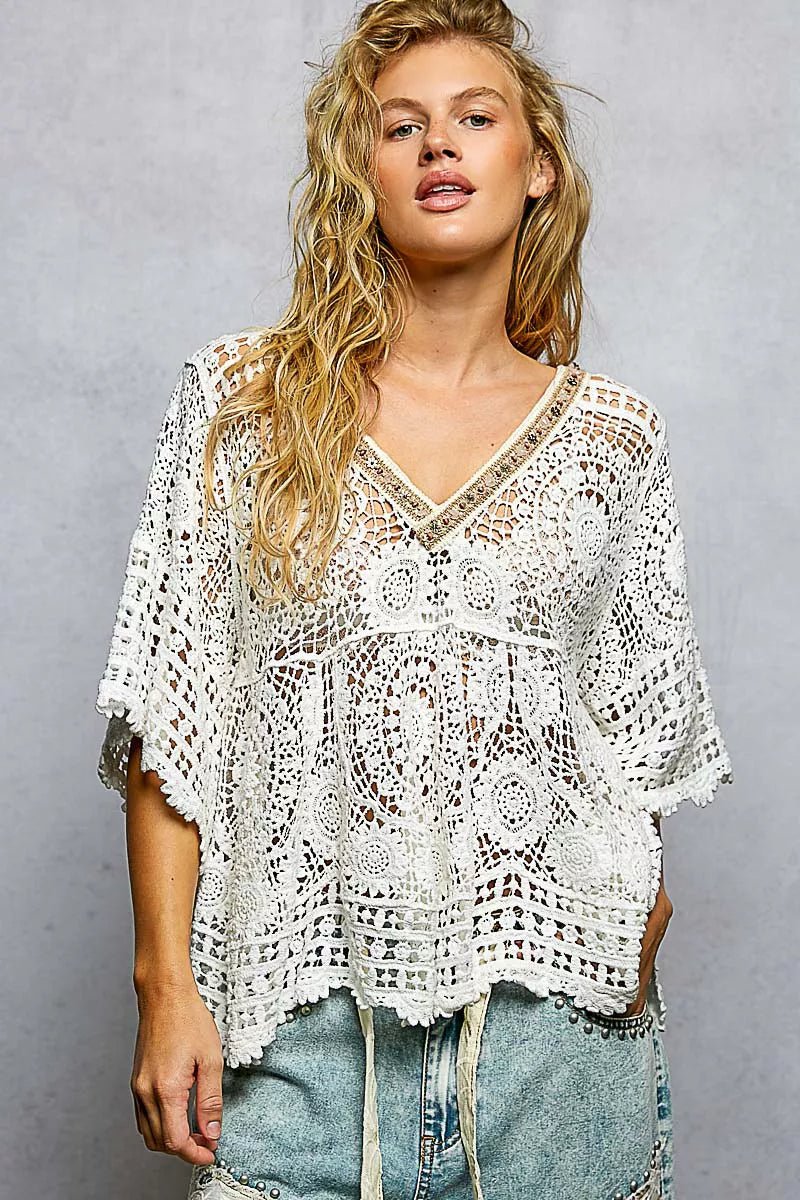 POL V - Neck Crochet Top with Scalloped Hem - Bitsy Gypsy Boutique