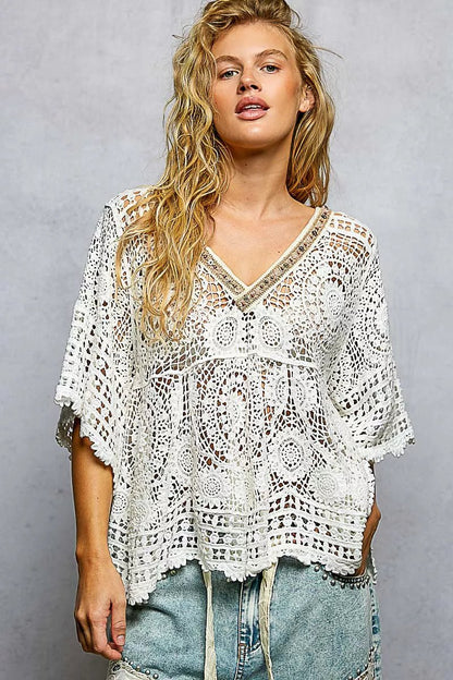 POL V - Neck Crochet Top with Scalloped Hem - Bitsy Gypsy Boutique