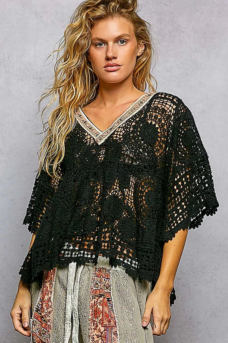 POL V - Neck Crochet Top with Scalloped Hem - Bitsy Gypsy Boutique