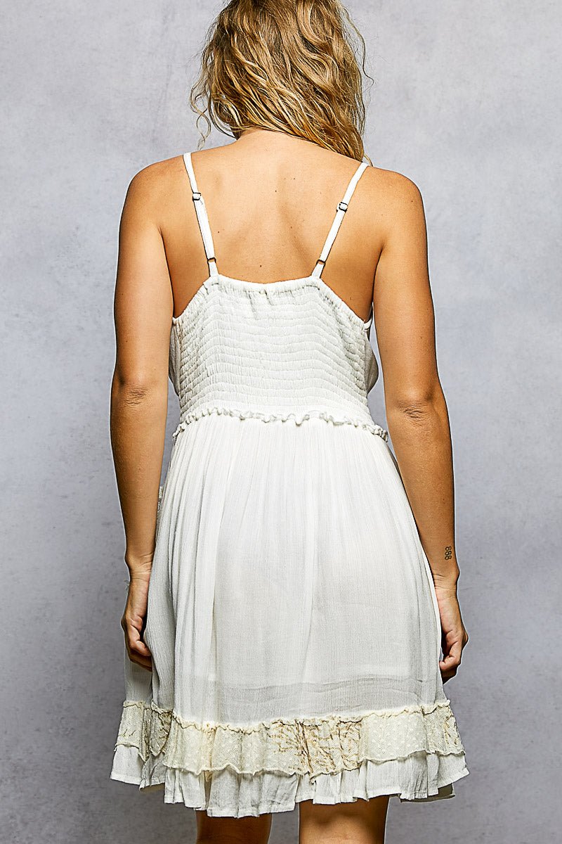 POL V - Neck Embroidered Tassel Smocked Waist Mini Dress - Bitsy Gypsy Boutique