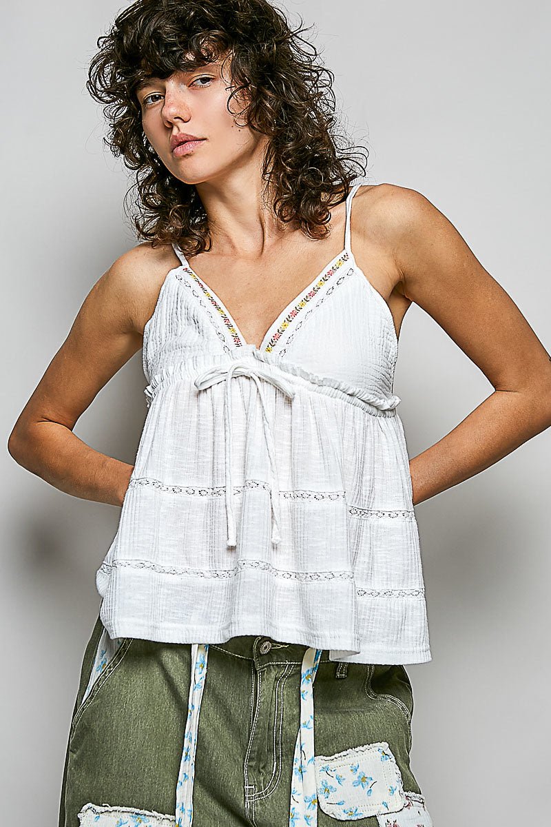 POL V - Neck Embroidered Trim Ruffled Cami - Bitsy Gypsy Boutique